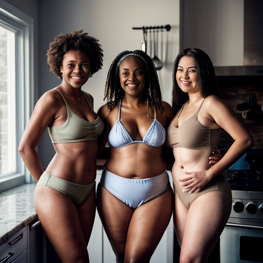 A realistic, full-body image of three plus-size women standing together in a cozy, sunlit kitchen. Two of the women are elderly, around their 90s — one with dark hair, the other with blonde hair. The third is a younger African American woman in her 20s. All three are wearing modest beige swimsuits and have fuller body types. They stand confidently, smiling softly, in a natural and dignified scene. Warm light shines through the kitchen window, highlighting wooden counters and a welcoming atmosphere.
