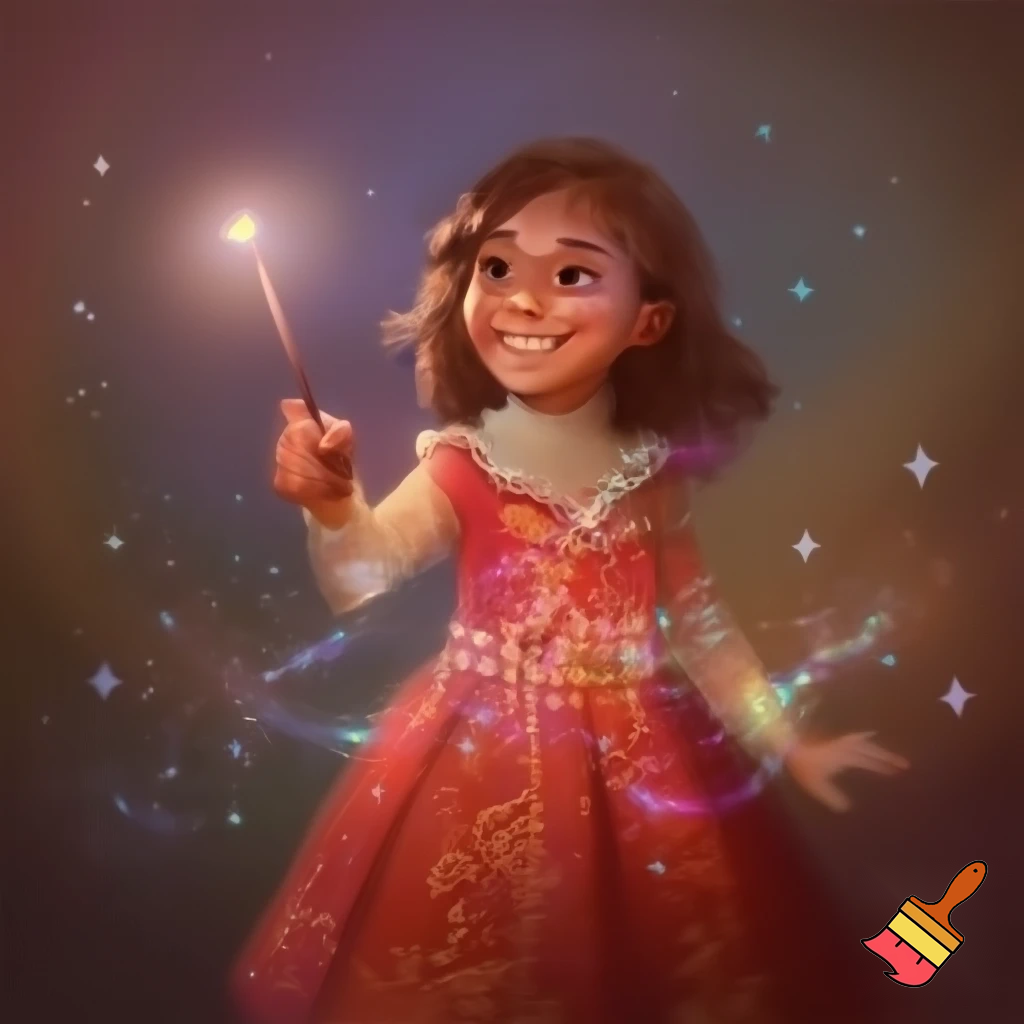 Crea la imagen real de una niña de 10 años con disfraz de hada madrina color rojo