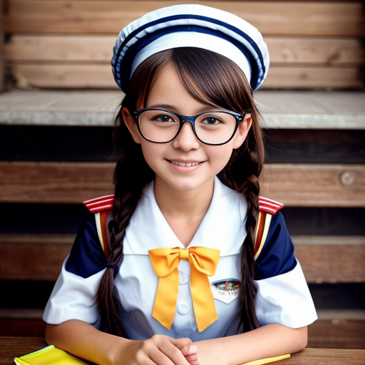 Cute adorable niña Chilindrina glasses con hair lazo con verano sailor uniforme escolar con zapatos negros escolar con calcetines blancos con sombrero sailor con silla con colegio católico con foto grupal 7