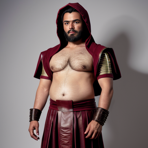 The clothing this body wore was different from that of the traditional gumental garb. He did not wear any long flowing robes. Instead, he wore a shirt and pants that were made of large dark red leather strips, which had been stitched together at a bent angle so that the strips pointed downward along the belly, the arms, and the legs. It had a hood crafted in the same fashion. 