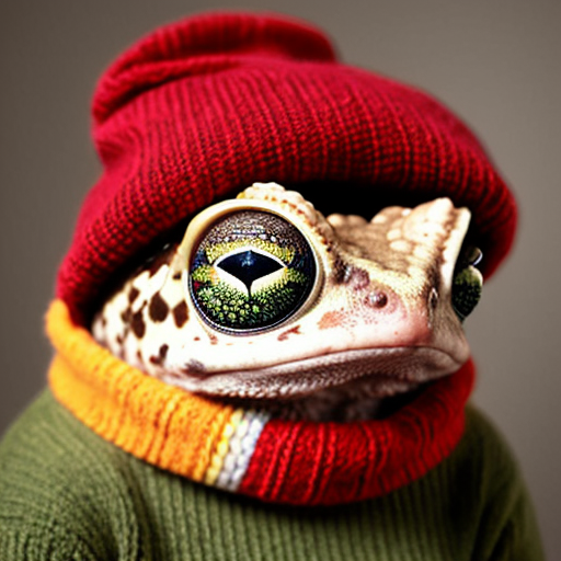 A laughable, puzzled animal toad in woolen, multicoloured winter clothings with woolen winter cap. Hyperrealistic style.