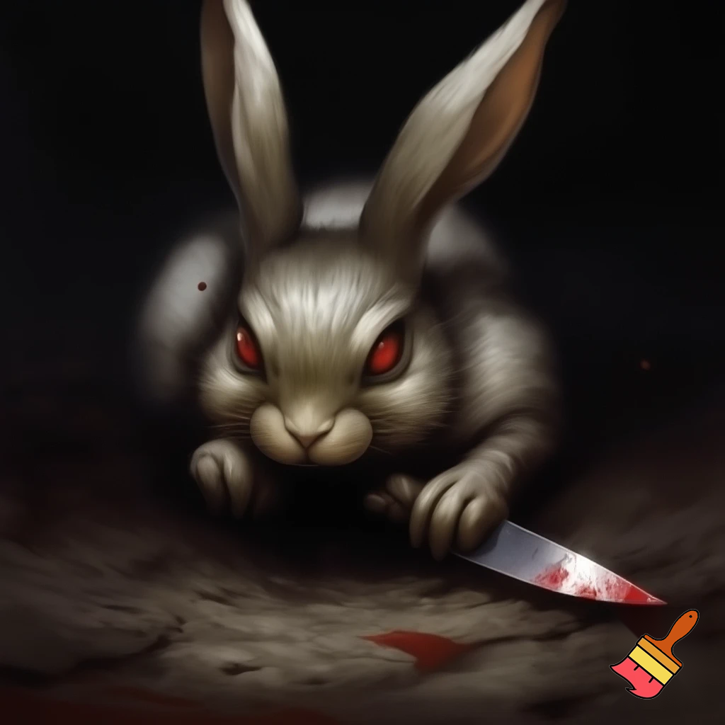 european rabbit, red eyes, bloody knife
