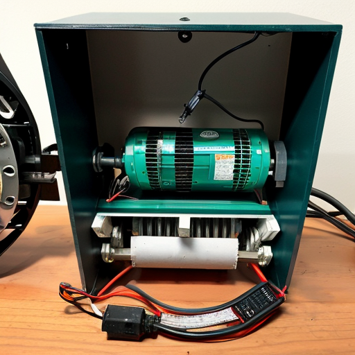 A wall mounted electric generator consisting of a 48v bldg motor with a large fly wheel and 48v alternator with a small wheel  both linked together by a timing belt. it has 6 48v lithium ion battery’s it’s all enclosed and is operated by a 48v plc