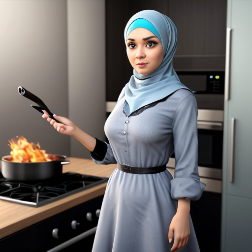Pixar-style 3D cartoon character, standing at the stove, cooking gesture, exaggerated cartoon features, big expressive eyes, Muslim woman 35-40 years old, fully covered in wide light blue dress, loose modest clothing, headscarf covering all hair, no sexualized features, gray background, simple cartoon style