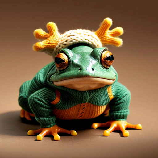 A laughable, puzzled animal toad in woolen, multicoloured winter clothings with woolen winter cap. Hyperrealistic style.