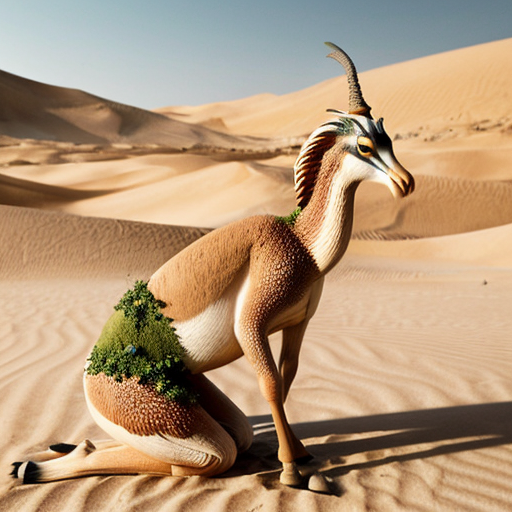 "A graceful gazelle in the golden UAE desert, wearing traditional Emirati clothing (talli) elegantly draped over its body, while sipping a cup of matcha tea. The warm sunlight highlights the intricate patterns of the talli and the textures of the sand dunes. Style: realistic with whimsical charm, soft warm tones, detailed desert background, blending cultural heritage with playful imagination."
