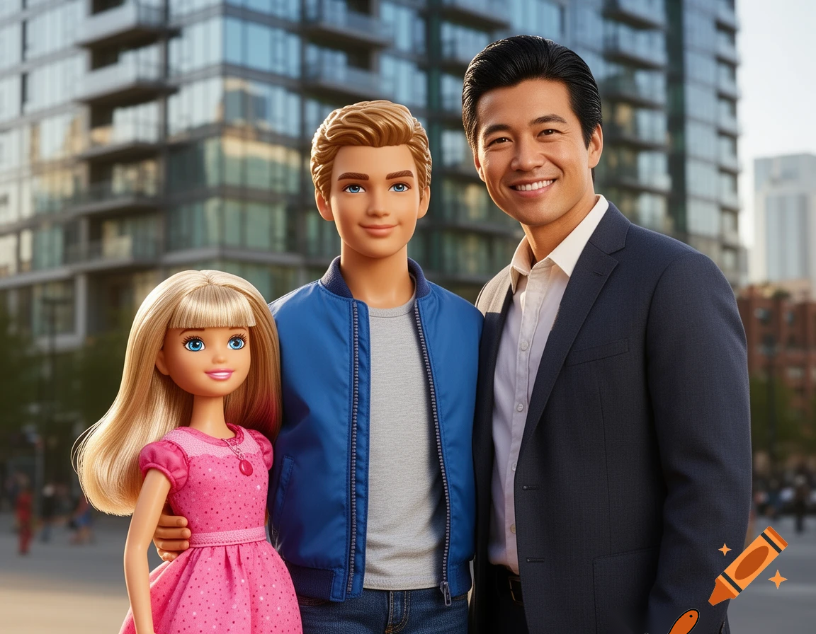 barbie that is 3 years old and ken who is 15 and a 29 year old father who is a teacher with black hair and is very handsome and all together for a family photo in front of a apartmennt