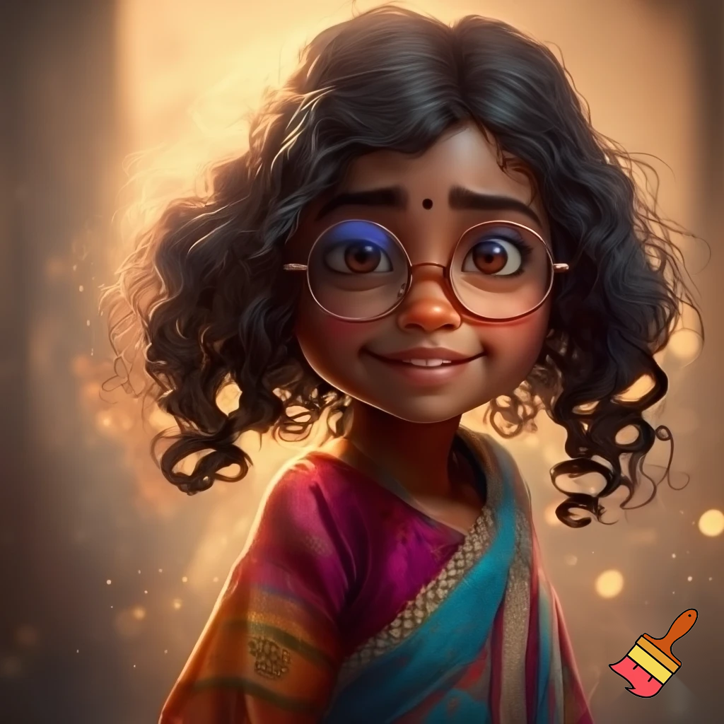 falgi named indian girl curly hair with glasses