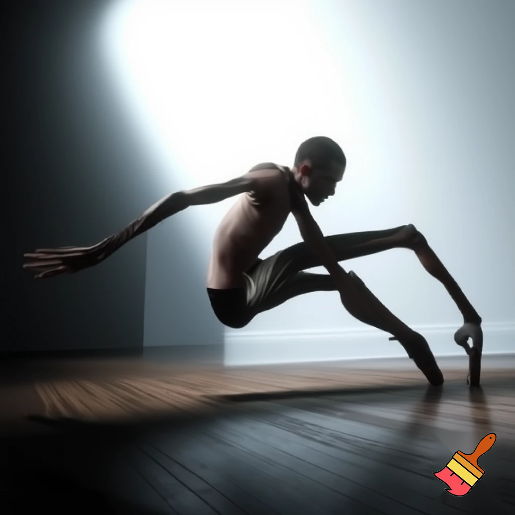 emaciated man doing ballet in a brightly lit room