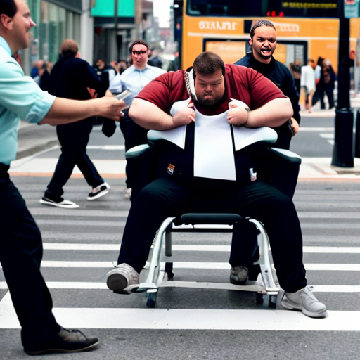 a large but not fat guy in an office chair. One leg is broken and extended horizontally into the seat of another office chair. The guy is sitting on a flat board that holds his leg between the two chairs. Each chair is being pushed by a friend. The group is crossing a crosswalk amidst busy city traffic.
