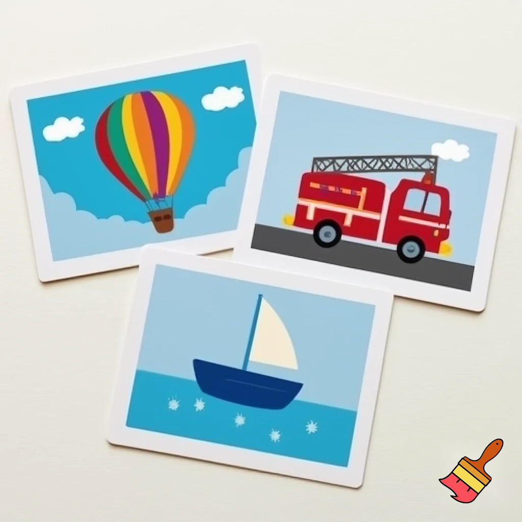 Create 3 different flashcards for senior kindergarten children on the following topics
1 air transport
1 land transport
1 water transport 
Give each transport in a single flashcard

