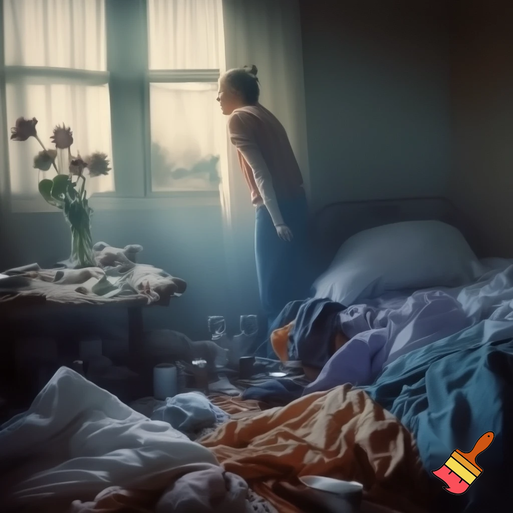 „A messy bedroom in the early morning, weak cool daylight coming through the window. A frustrated person stands or sits in the room, looking annoyed at many small disturbing details: a half‑wilted bouquet of flowers, several empty glasses from the night before, remains of a eaten compote on a plate, clothes and everyday objects lying around in disarray. Mood: sobering, slightly depressing, plain morning atmosphere. Realistic, natural style, subtle colors, photorealistic lighting.“ Make it Format 1:1