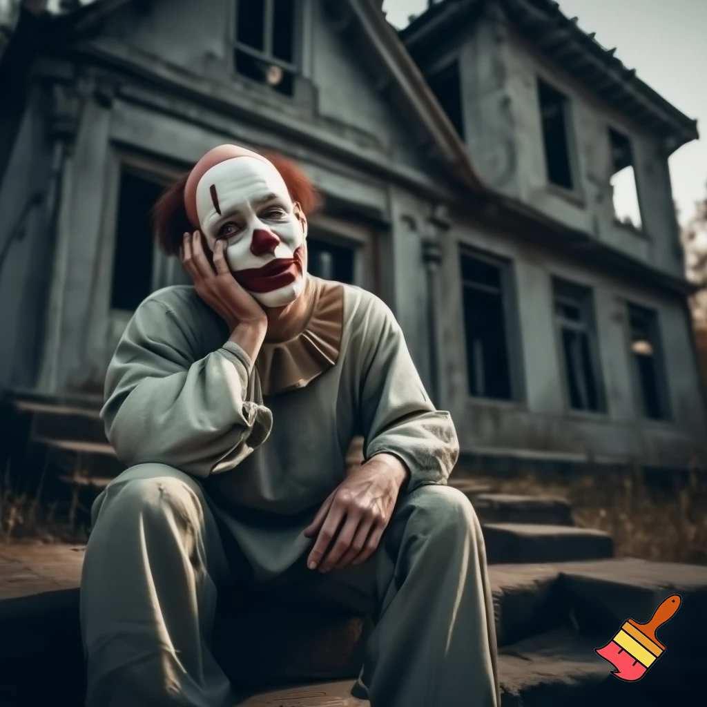 A sad clown sitting on a stone staircase in front of a dilapidated old house in shades of gray, holding his cheek in despair, with a sorrowful smile on his face. The scene is bathed in soft natural light, creating a calm and melancholic atmosphere, with cinematic depth and detailed textures. Ultra-realistic, 4k, cinematic realism.