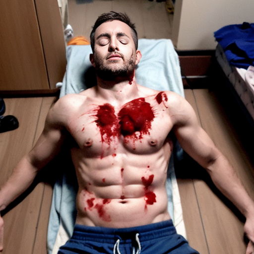 shirtless random man (neighbor, not everyone has 6 pack.), face are hiding by shirt, died already, chest are open wounded circle, blood everywhere, eye closed, floor (on random place like empty place) on corpse body.