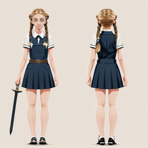 Create an original female character in a vibrant, cartoon style, designed as a professional concept art reference sheet. Include multiple angles: front, back, and 3/4 views, as well as expressive poses showing movement and emotion. Present clean, crisp linework with polished shading and vibrant colors, ensuring each part of the character’s design is clearly visible. Include close-ups of key details such as clothing patterns, accessories, and hair, while keeping proportions stylized but consistent. The composition should resemble a high-quality character reference sheet used in animation or game design, with neat annotations or visual notes showing design elements, color palette swatches, and small accessory details. Lighting should be soft and even to showcase the design clearly, and the overall layout should feel professional, organized, and visually appealing, female, blonde blue and golden translucide extremely glowing hair, wavy long hair, school uniform. Pale skin, tall and slim, elegant tied hair with Braids, sword