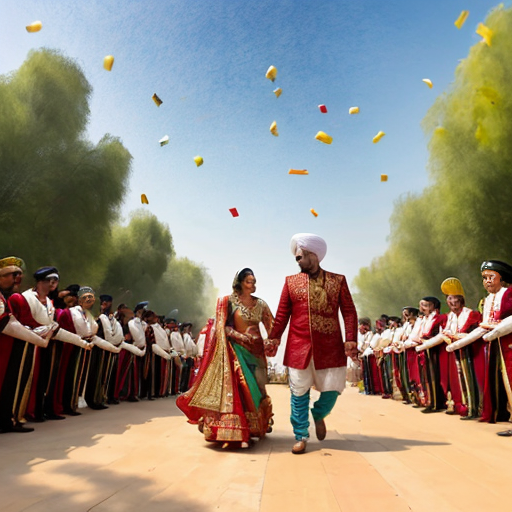 A grand Indian wedding procession called 'Aloo ki Barat' in a vibrant Disney Pixar animated style. A handsome groom potato (Aloo) wearing a golden sherwani and a turban with a feather, sitting proudly on a decorated white horse. A brass band of other potatoes playing trumpets and drums. Dancing potatoes and smiling onions and tomatoes in colorful Indian attire. Confetti falling from bright houses. Intricate details, warm lighting, ultra-wide shot, 8k resolution, cinematic lighting.