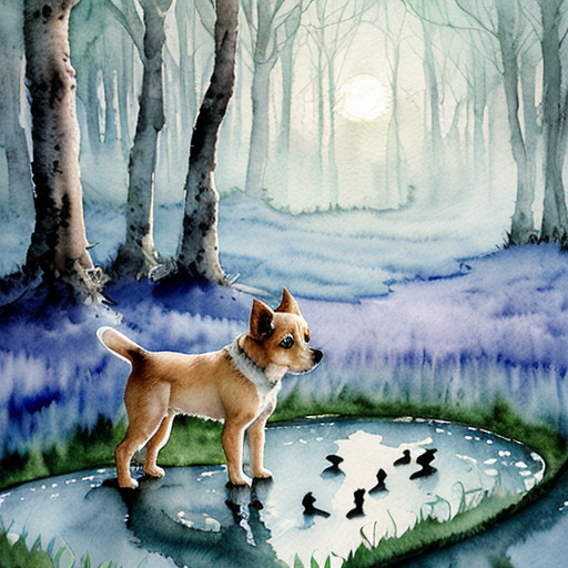 Kouzelná večerní scéna, lesní mýtina v noci, z potoka vychází jasná modrá záře. Malé štěně stojí na okraji louky, fascinovaně sleduje světlo. Magická atmosféra, modré a fialové odstíny, detailní ilustrace. Pohádkový akvarel.