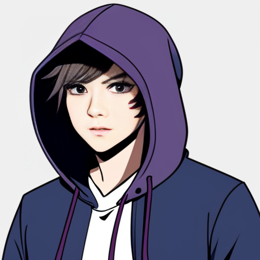  anime teenage boy wearing a dark blue hooded jumper with the hood up and his eyes are bright purple