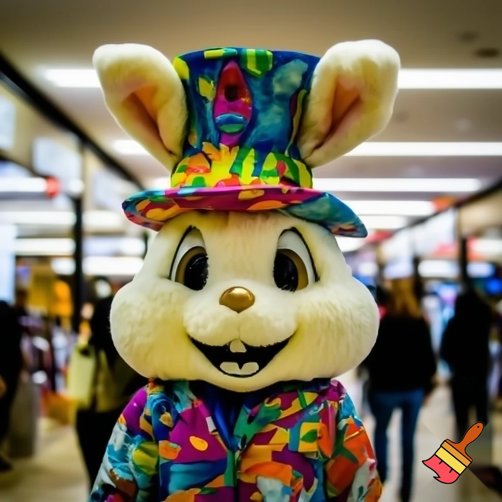Easter bunny mascot costume top hat shopping Centre colourful jacket  colourful top hat
