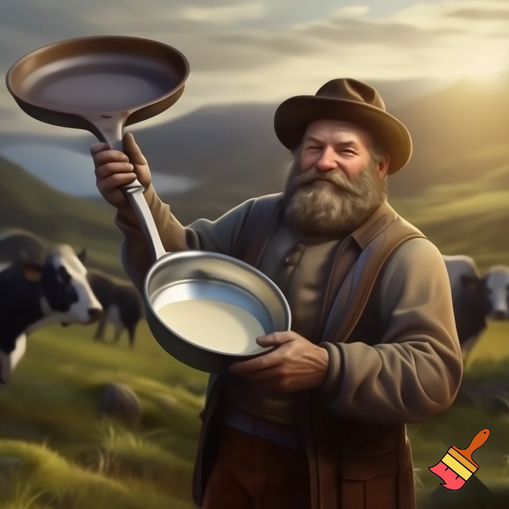 generer et bilde til en reklameplakat, produktet vi skal reklamere for er melkespann laget av vårt firma Nessemaskin. Slagordet vårt er "Litt melk om dagen gjør bra for magen, kjøp vårt melkespann så smiler både mor og mann". Vi vil også få fram at vårt firma er det eneste du kan stole på, spill på nasjonalromantikken og få fram at produktet vårt kan brukes til alt du kan tenke deg, det er bare fantasien som stopper deg. Spill på nasjonalromantikken, ha med kyr, fin norsk natur og en budeie som holder melkespannet
