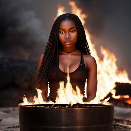 Zuri Tibby is an African American dark skin fashion model woman 5-foot-10. long dark hair naked , body consumes by flames burned at the stake fire body consumed by flames surround by large fire