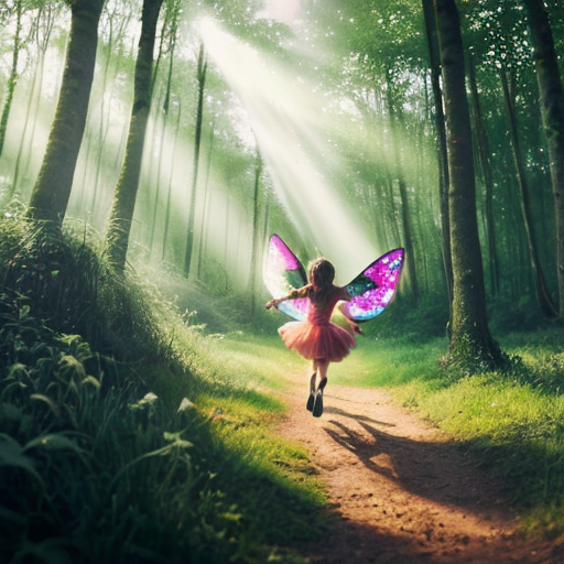 A magical lush green forest with sunlight filtering through tall trees, sparkling fairy dust in the air, chirping birds, and a small fairy named Laila flying with glowing wings, looking excited and curious. Soft magical atmosphere, cinematic wide shot, colorful and bright.