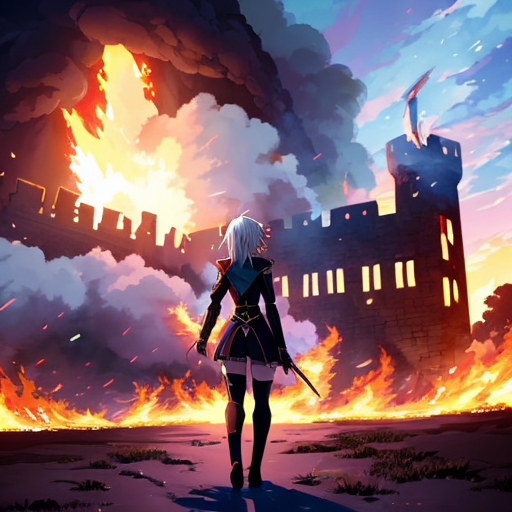 young, tall, white-haired woman in armor stands in front of a burning castle into which meteorites are falling.