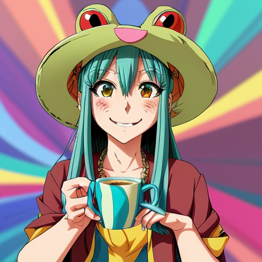 A hillarious, funny boho toad with some hippie colored coffee cups. Psychedelic decorated background. Gleaming and touch.