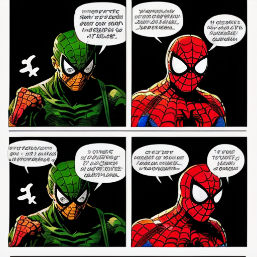 Génère une bande dessinée de comics de spiderman contre le bouffon vert la page a une présentation comme les comics strip classiques avec des cases et des bords blanc

Première case de la première page
Spiderman le balance dans la ville de New-York 
L'environnement est détaillé, et spiderman tisse une toile en sautant 

Deuxième case de la première page 
Spiderman tire sur la toile qu'il a tissé afin de se hisser plus haut 

Troisième case de la première page
Spiderman bondit d'une façon acrobatique et triomphante et rebondit sur un immeuble
On voit le bouffon vert sur son planeur en face de lui dans le fond du payage

Quatrième case de la première page 
L'ange de vue est de dos, on y voit Spider-Man toujours dans les aires bondissant en direction du bouffon vert qui semble surpris 

Cinquième case de la première page
Les regards de spiderman et du bouffon vert se croisent et il semble tout deux en colère 
