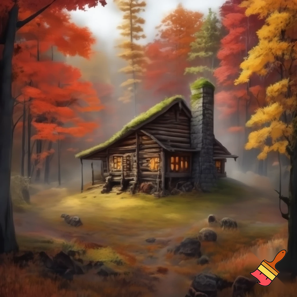 Ein haus wo in einem wald steht und es ist herbst