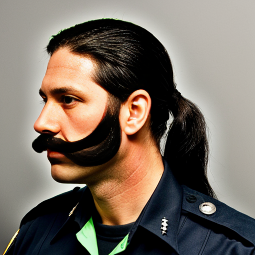 40 year old cop with long black hair tied down, a big black mustache with a gray streak in it, green eyes, and a mole on his cheek.