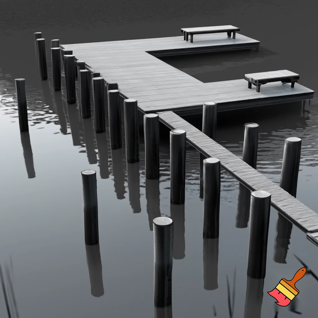 A construction sketch of a dock with 18 pilings and a T shaped end with two benches over a small pond
