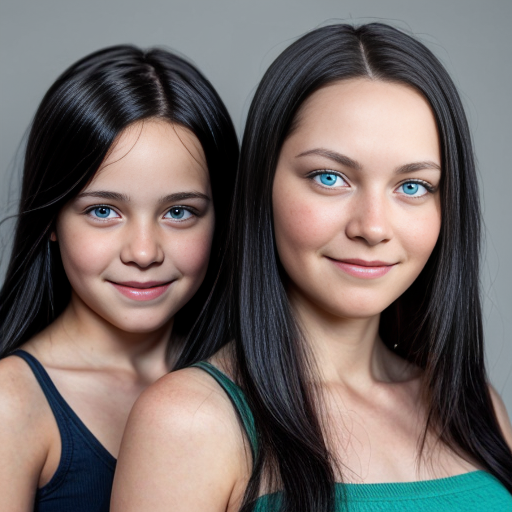 create a family photo with a mom whos  26 years old  and make her have black long hair with light blue eyes. with her boy triplets 2 years old with black hair and green eyes and then with her triplet daughters who are 16 make them have blue eyes with black long hair 