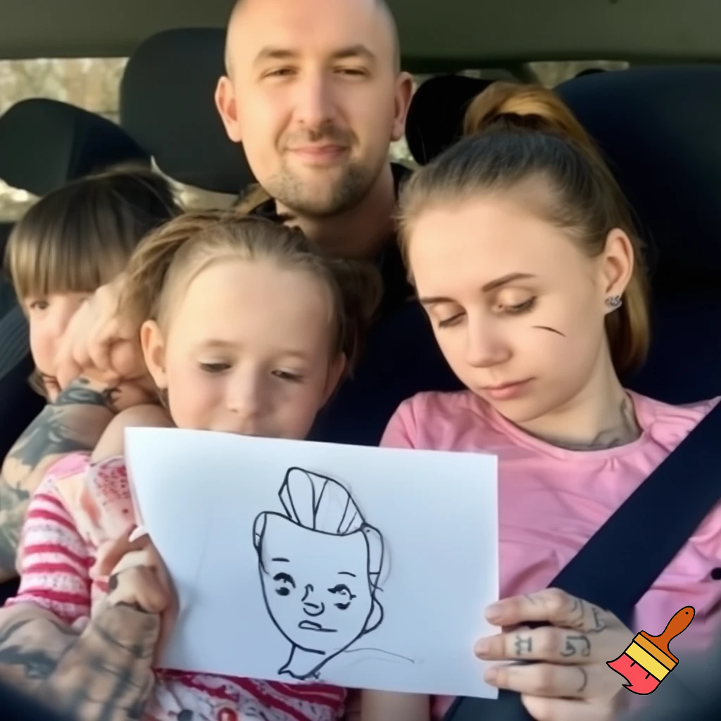 Draw a family 4 a dad with tattoos 7 year old sister 13 year old brother and the mum has tired under eyes in a car

