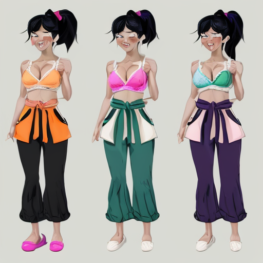 90's Disney style comic with dark blue background with six panel grids showing Panel 1 the black haired ponytail woman with ,dark purple skin ,purple and yellow spotted harem pants,and bra and purple sash and yellow vest and purple curved slippers. Panel 2 the black haired ponytail woman with white skin,black and white striped harem pants,black and white bra and black sash and black vest and white curved slippers. Panel 3 the black haired ponytail woman with blue skin, light and dark blue striped harem pants, light blue bra and dark blue sash and dark blue vest and light blue curved slippers . Panel 4 the black haired ponytail woman with green skin, light and dark green harem pants, light green bra and dark green sash and dark green vest and light green curved slippers. Panel 5 the black haired ponytail woman with dark pink skin, pink harem pants, pink bra and pink sash and pink vest and pink curved slippers. Panel 6 the black haired ponytail woman with orange and purple striped harem pants, purple bra and orange sash and orange vest and purple curved slippers and all are having their hand palms place together near their chest and swaying their hips