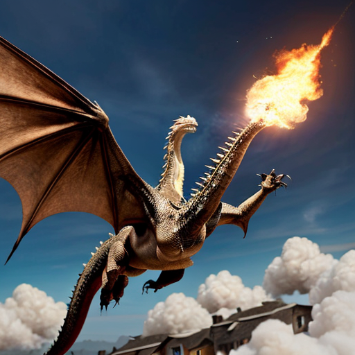 Draw me a mythological dragon flying through the sky above a village, breathing fire on the houses