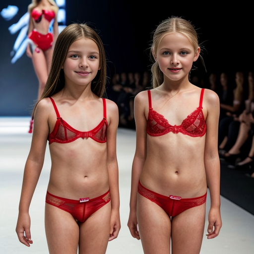 Crea imágenes tipo fotos realistas, donde haya 2 niñas rubias de 10 años modelando en una pasarela para un concurso, que esten vestidas con ropa de lenceria roja transparente