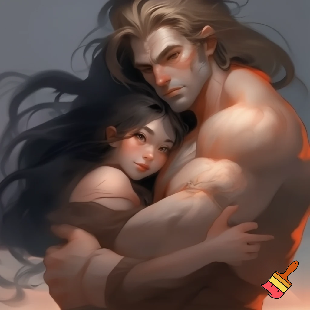 A happy couple, cute, small young woman of Asian descent, with pale skin, put emphasis her cuteness, beauty, femininity, neoteny and innocence , give her large cute neotenous eyes, give her black beautiful flowing hair, warmly hugged by a massive, handsome, heavily white, nordic, European built man with blond hair hair, who conveys intimidating strength but maintains a calm demeanor