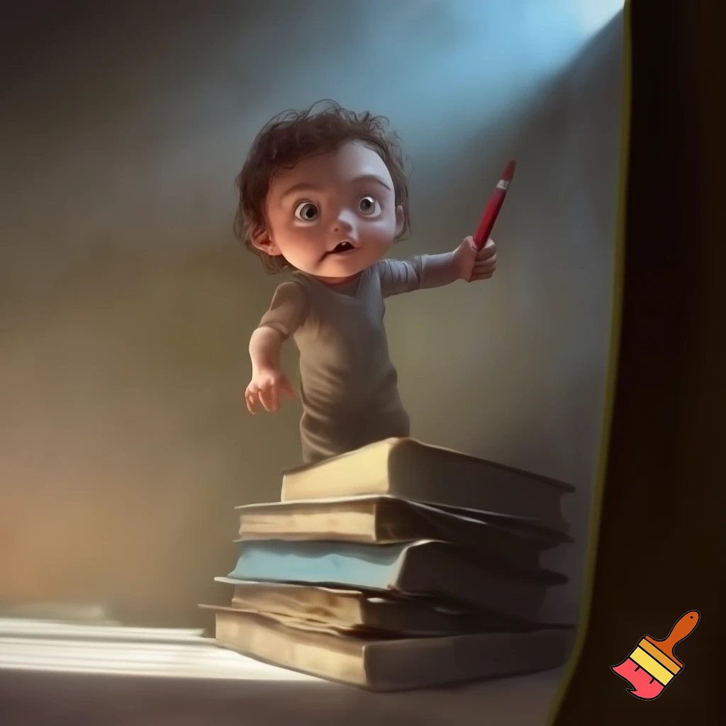 A child standing on four books to reach the wall, holding a single crayon in his hand as he tries to draw on it. Fear is visible on his face, as if he has just seen someone about to scold him. The scene is detailed and realistic, with soft natural lighting, cinematic depth, and expressive emotions. Ultra-realistic, 4k, cinematic realism.