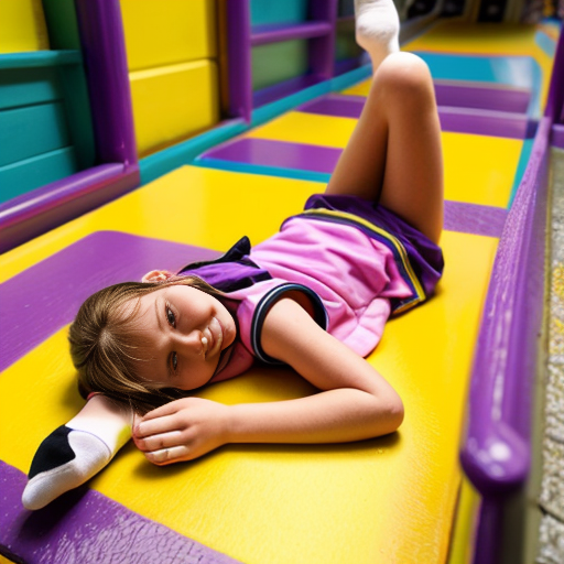 A girl lying down on the soft colourful Stairs wearing summer pink vests and purple shorts and yellow socks in indoor playground age 5 - 10