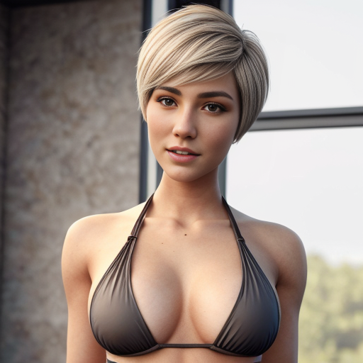 Attractive woman with an ash blonde pixie cut and a slim build wearing a bikini 