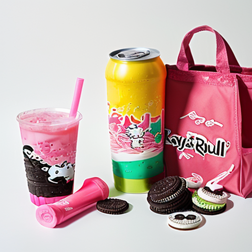 cree moi une image, un fond blanc avec une pere de asics gel kayano rose, une boisson oasis, un sac de macdo, un doudou hello kitty (que la tête), trois oreo, red bul vert
