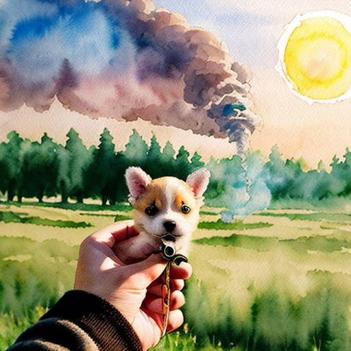 Roztomilé štěně drží lehce kouřící klacík, stojí proti zapadajícímu slunci, kolem louka a les. Kouř tvoří jemný obláček. Pohádková ilustrace, měkké světlo, dětský akvarel, hravá atmosféra.