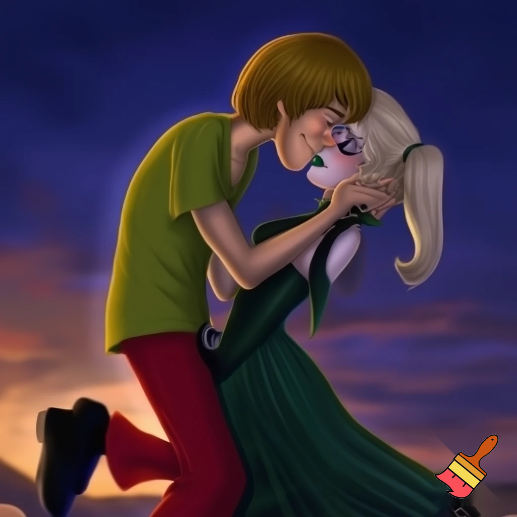 Shaggy rogers With green shirt and red pants and black shoes kissing Dusk from the hex girls blonde hair two pigtails wearing a green gothic dress and green lipstick 