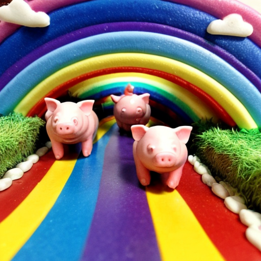 3 pigs who are roomates are walking on a rainbow bridge that oepens up to candy land