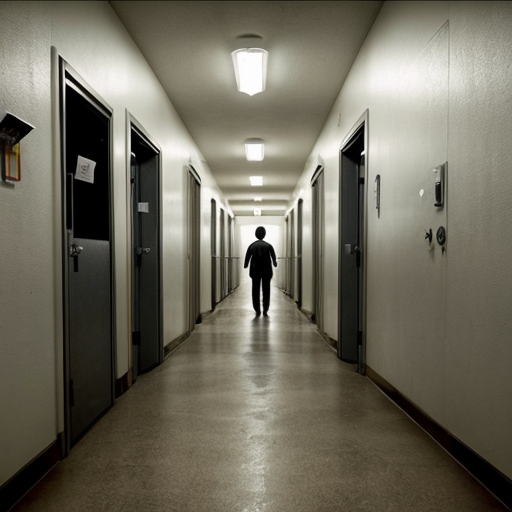 a vey scary mental hospital hallway with 6 silouttes of people with needles make it scary