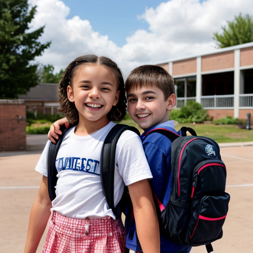 A bright, colorful children’s book cover in the style of a Disney cartoon. In the center, a smiling girl stands in front of a cheerful elementary school building, next to her younger brother who has Down syndrome and autism.

The girl has light skin and big expressive eyes. She has blonde hair in a high ponytail with a cute hair tie. She is wearing a light pink skirt and a white ruffled shirt, with a colorful backpack on her shoulders.

Her brother has light skin, short fluffy hair, and gentle, happy eyes. Show his features clearly so it’s clear he has Down syndrome, but in a kind and respectful way. He is wearing a dark blue shirt, black shorts, and a backpack. He is smiling and standing close to his sister, maybe holding her hand or standing shoulder to shoulder, to show their strong, loving bond.

Behind them is a warm, welcoming school building with big windows, a front door, and the school name on a sign or banner. Add trees, flowers, and a sunny blue sky with soft clouds to make the scene bright and happy, like a Disney movie background.

At the top of the cover, in large, playful, Disney-like letters, write the title: “Posey’s Story”.
Leave space at the bottom for the author’s name.

The overall style should be like a Disney animated film: soft shading, big friendly eyes, rounded shapes, and an emotional, heartwarming feeling that celebrates siblings, kindness, and inclusion.
