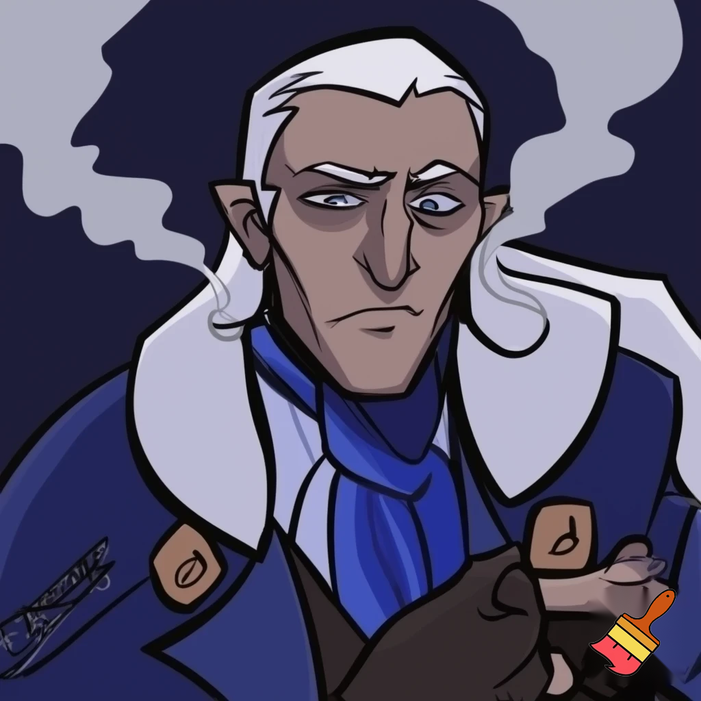 Percival de rolo from Vox Machina in the cartoonish art style of hazbin hotel wearing his signature blue overcoat and smoke curling around him