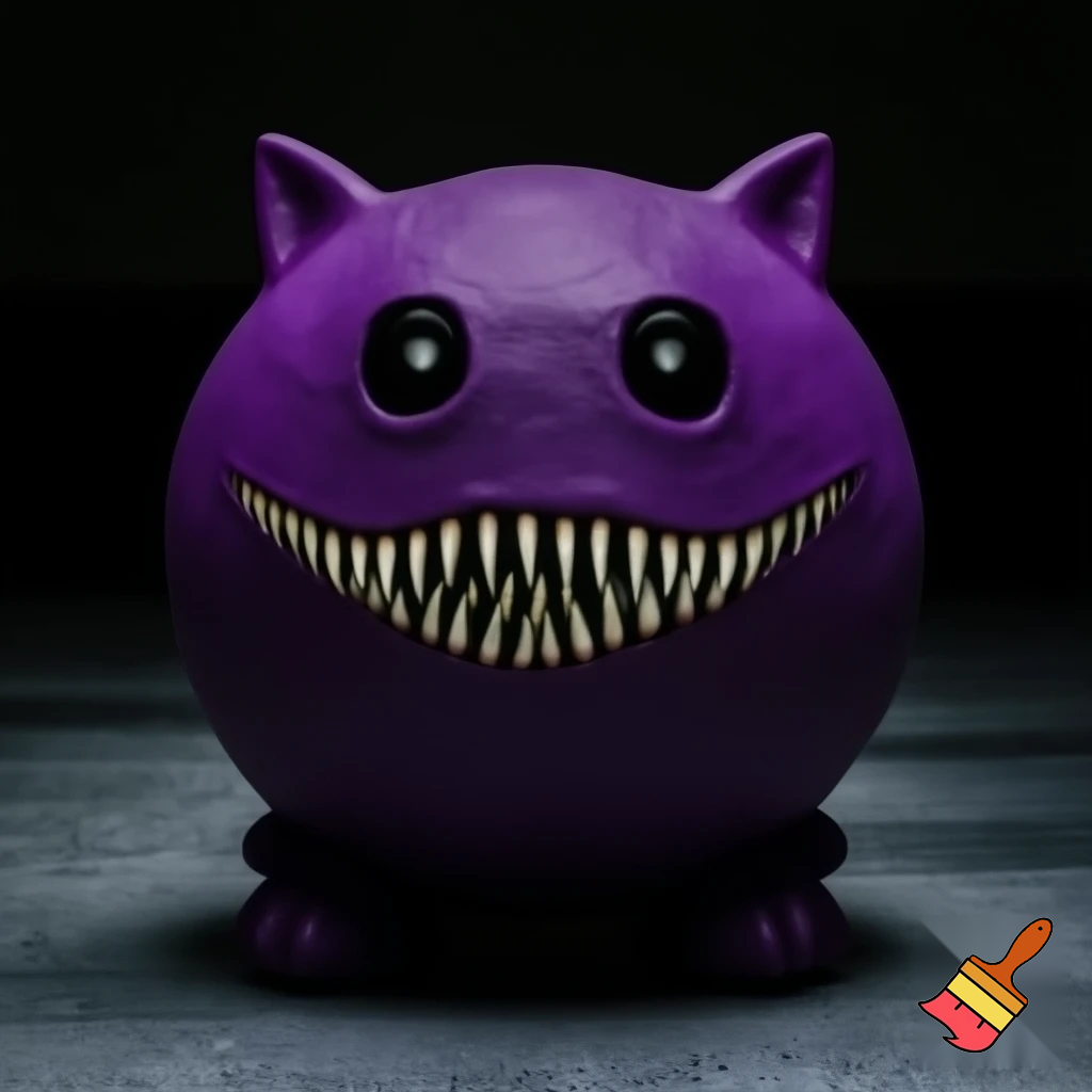 big purple monster it was shaped like a round thing with ears like a cat it had black eyes except for its tiny pupils that were a piercing white it had a wicked smile for such a short creature it had thousands of skinny razor like teeth in its mouth