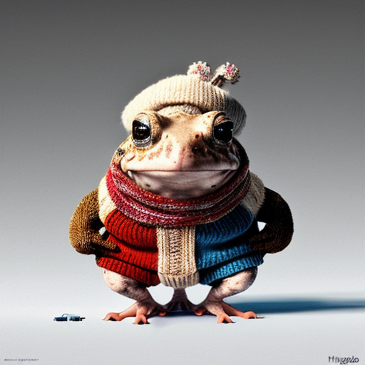 A laughable, puzzled animal toad in woolen, multicoloured winter clothings with woolen, funny winter cap. Hyperrealistic art style.